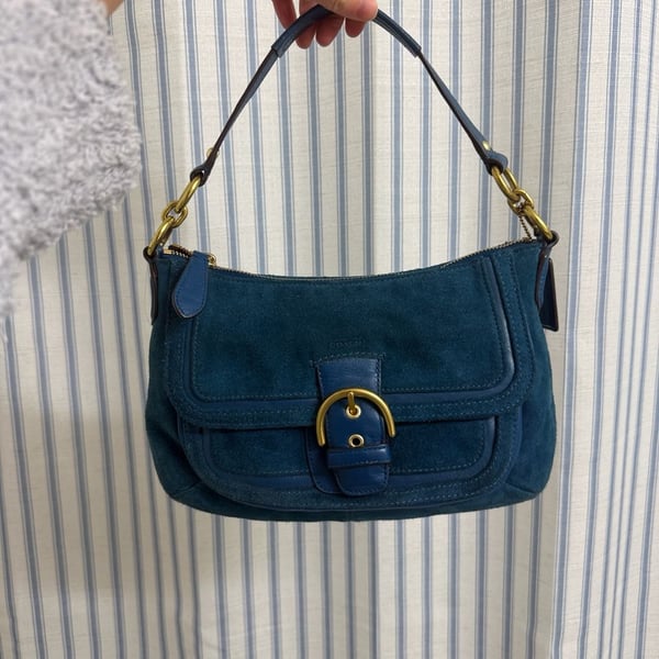 Coach Hamptons Buckle Suede Shoulder Bag Blue