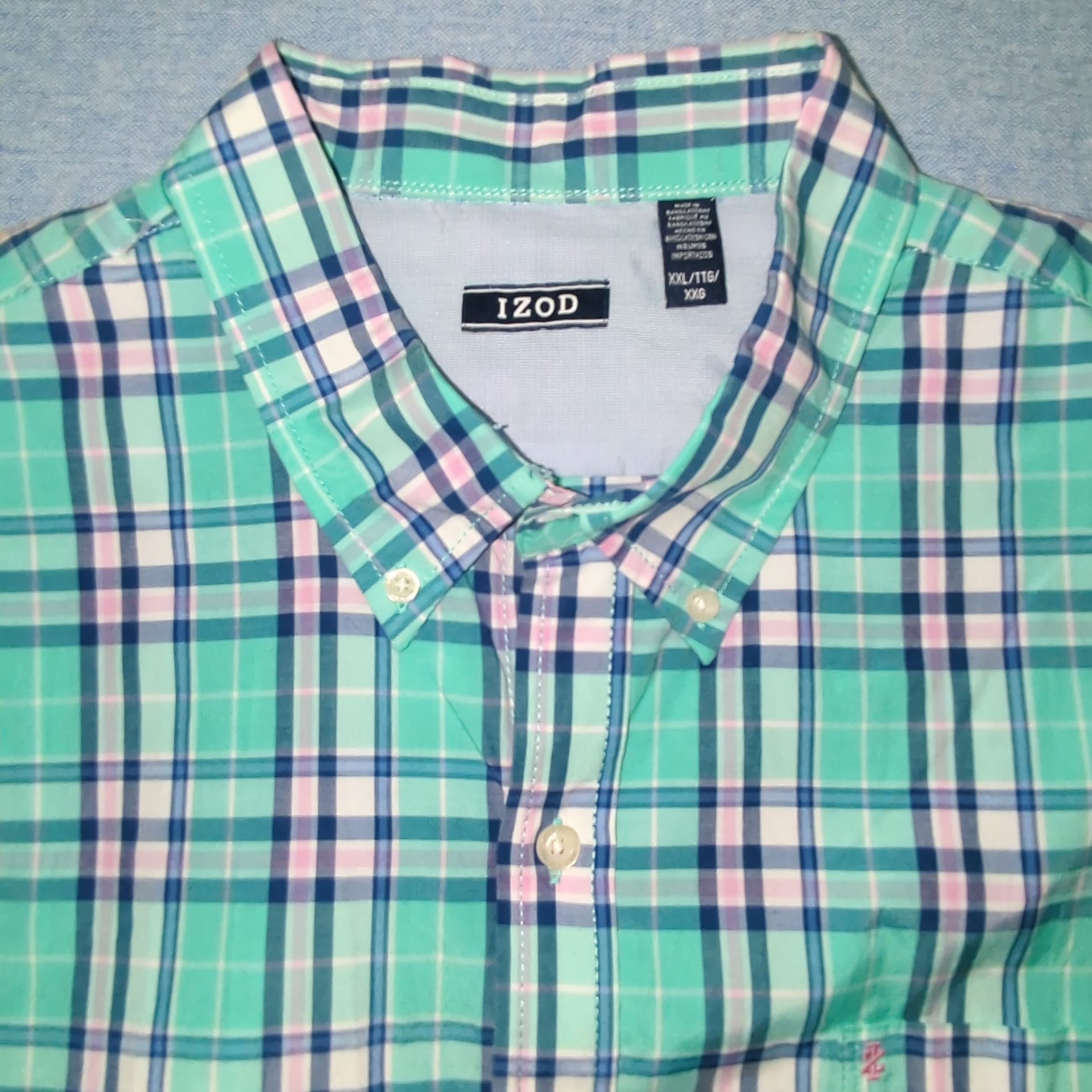 IZOD Plaid Short Sleeve Button Down Shirt Size XXL Green Blue Pink 1