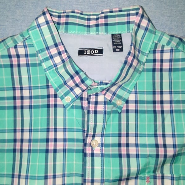 IZOD Plaid Short Sleeve Button Down Shirt Size XXL Green Blue Pink