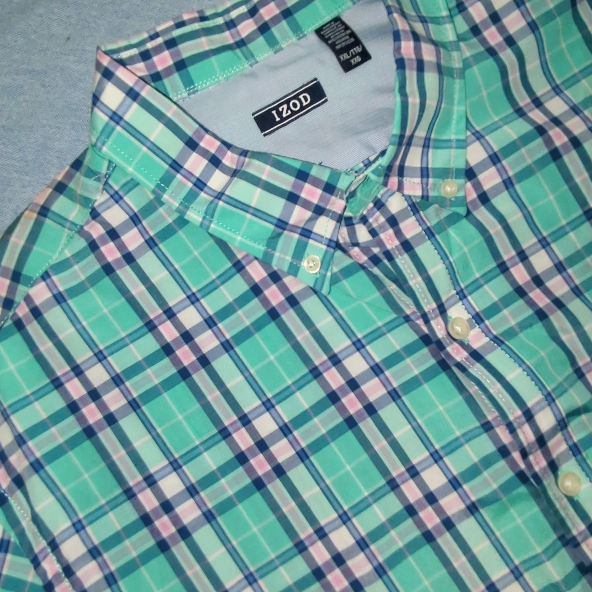 IZOD Plaid Short Sleeve Button Down Shirt Size XXL Green Blue Pink 2