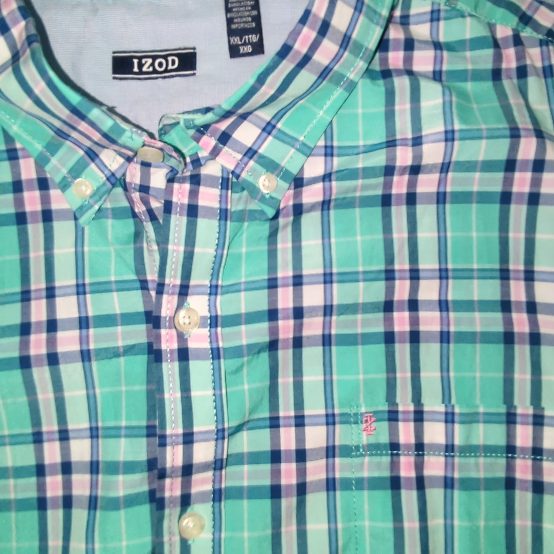 IZOD Plaid Short Sleeve Button Down Shirt Size XXL Green Blue Pink 3