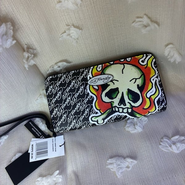 Ed Hardy Skull Print Wristlet Wallet Black White