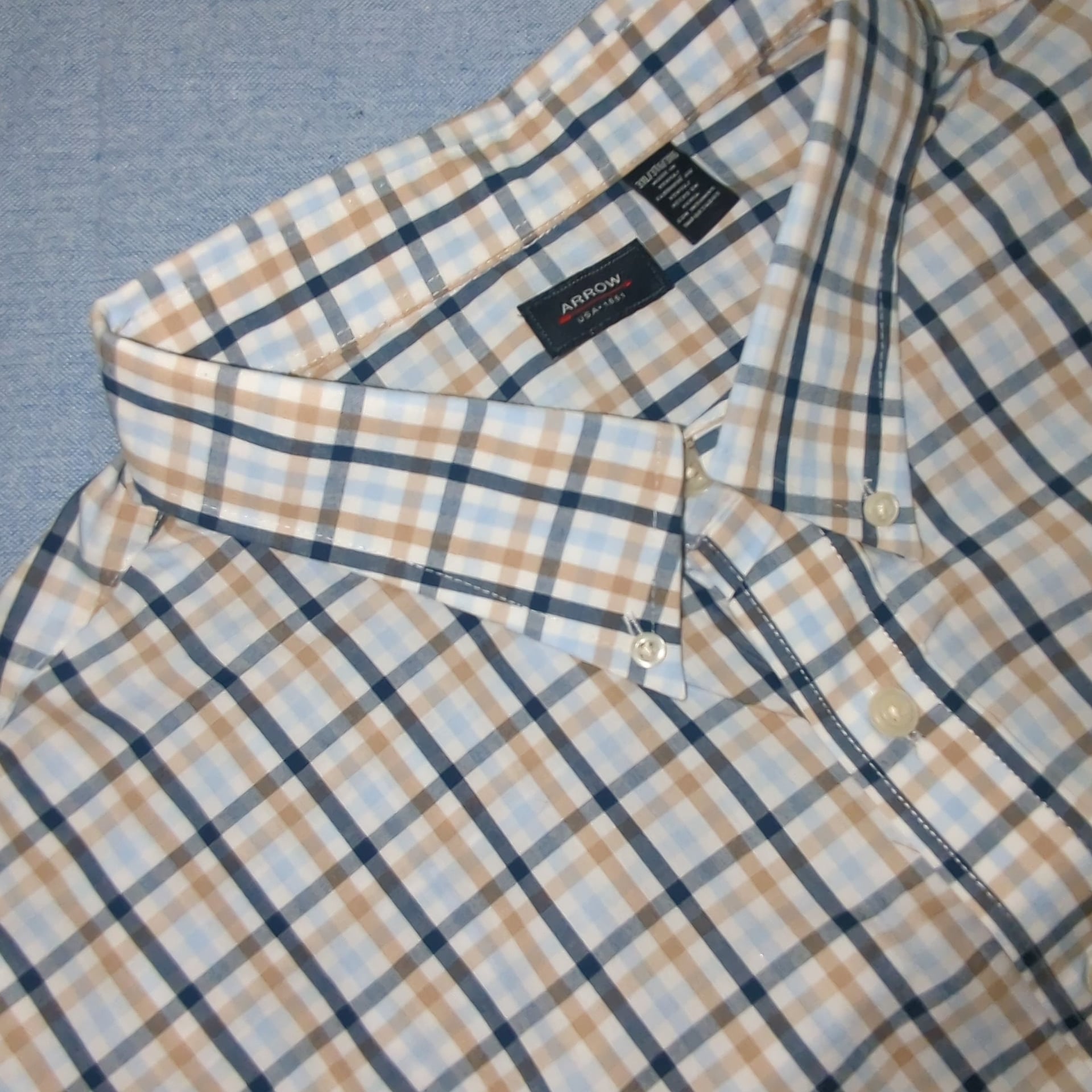 Arrow Plaid Button-Down Shirt Size 3XL Blue Brown Short Sleeve 2