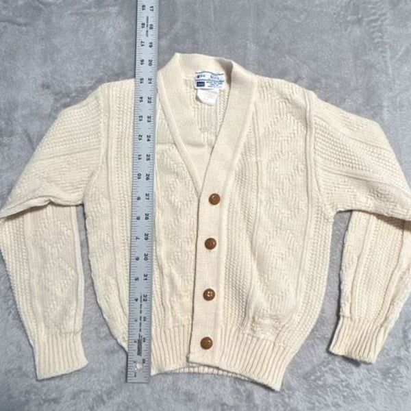 Sears Juvenile Boys Cardigan Sweater Size M 5-6 Cream Cable Knit Vintage 