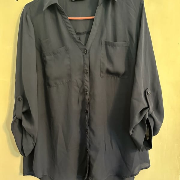 IZ Byer Blouse Size XL Blue Long Roll Tab Sleeve Chiffon Pocket Shirt