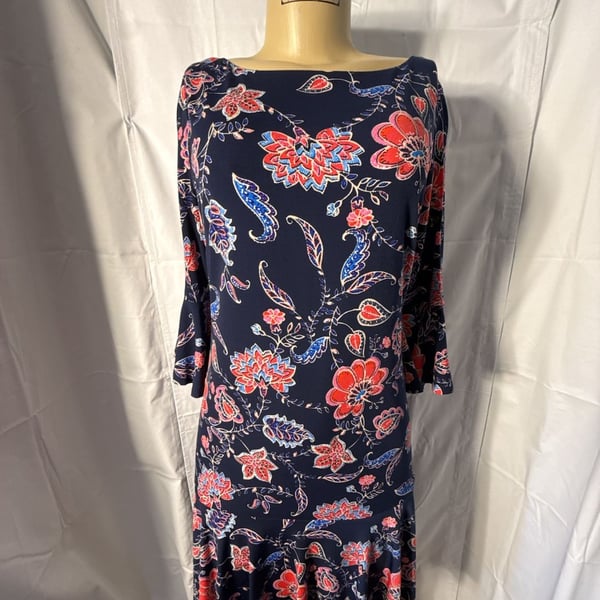 Eliza J Dress Floral 3/4 Bell Sleeve Navy Blue Stretch Knit Knee Length