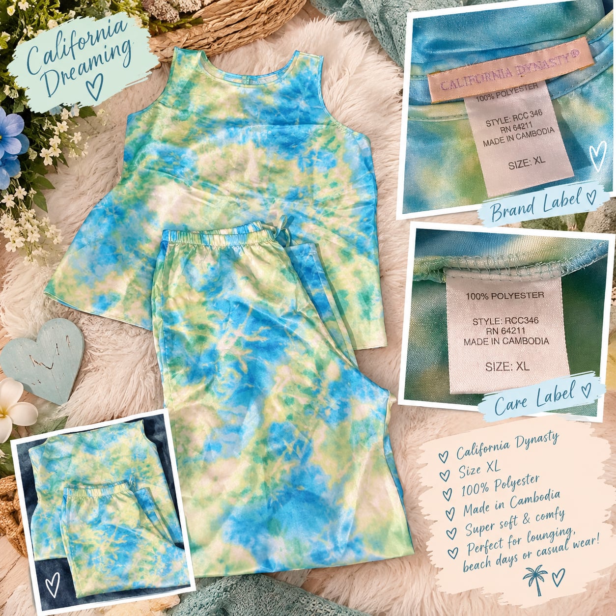 California Dynasty Tank Top & Pants Set Size XL Blue Tie-Dye Sleepwear 1