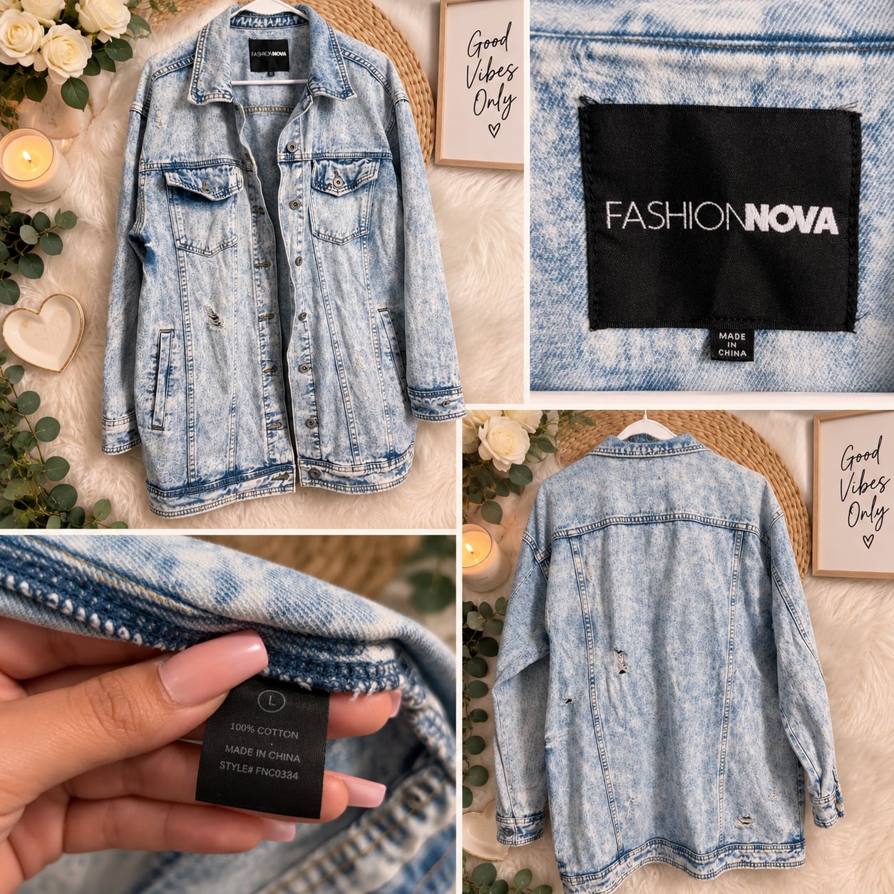 Fashion Nova Acid Wash Denim Jacket Size L Distressed Oversized 2