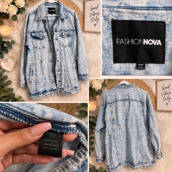 Fashion Nova Acid Wash Denim Jacket Size L Distressed Oversized