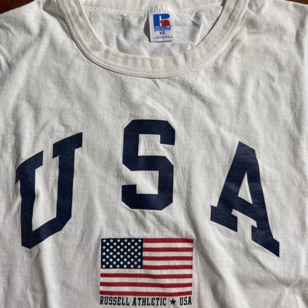 Russell USA Made Athletic USA Flag T-Shirt Size XXL White