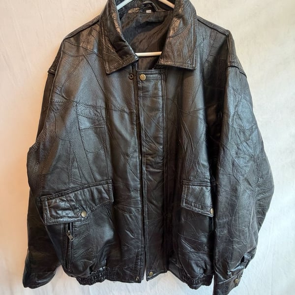 Vintage Patchwork Leather Bomber Jacket Size XXL Black