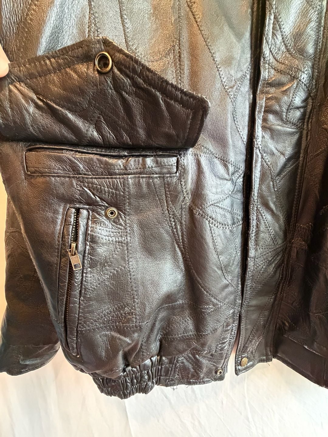 Vintage Patchwork Leather Bomber Jacket Size XXL Black 7