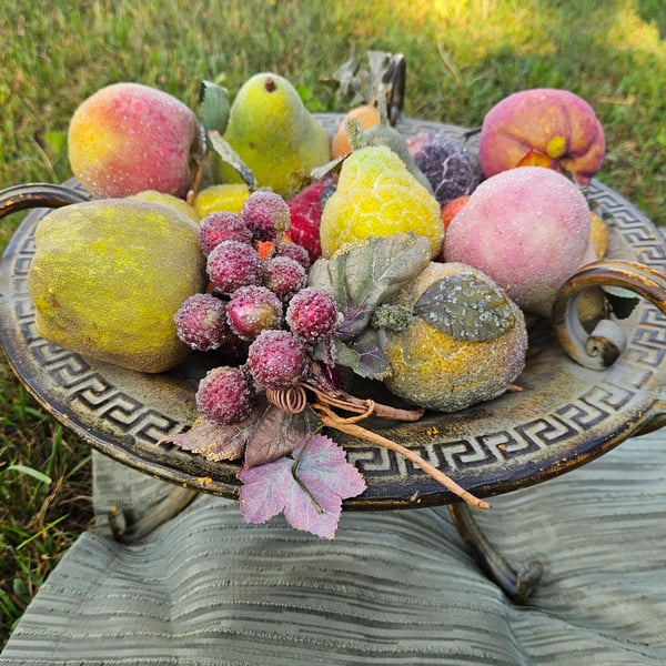 Vintage Sugared Fruit Decor in Ornate Pedestal Bowl