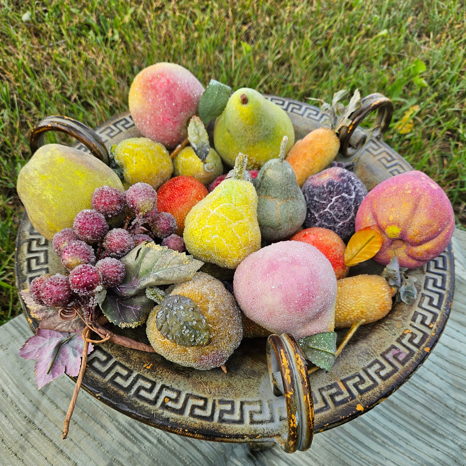 Vintage Sugared Fruit Decor in Ornate Pedestal Bowl 2