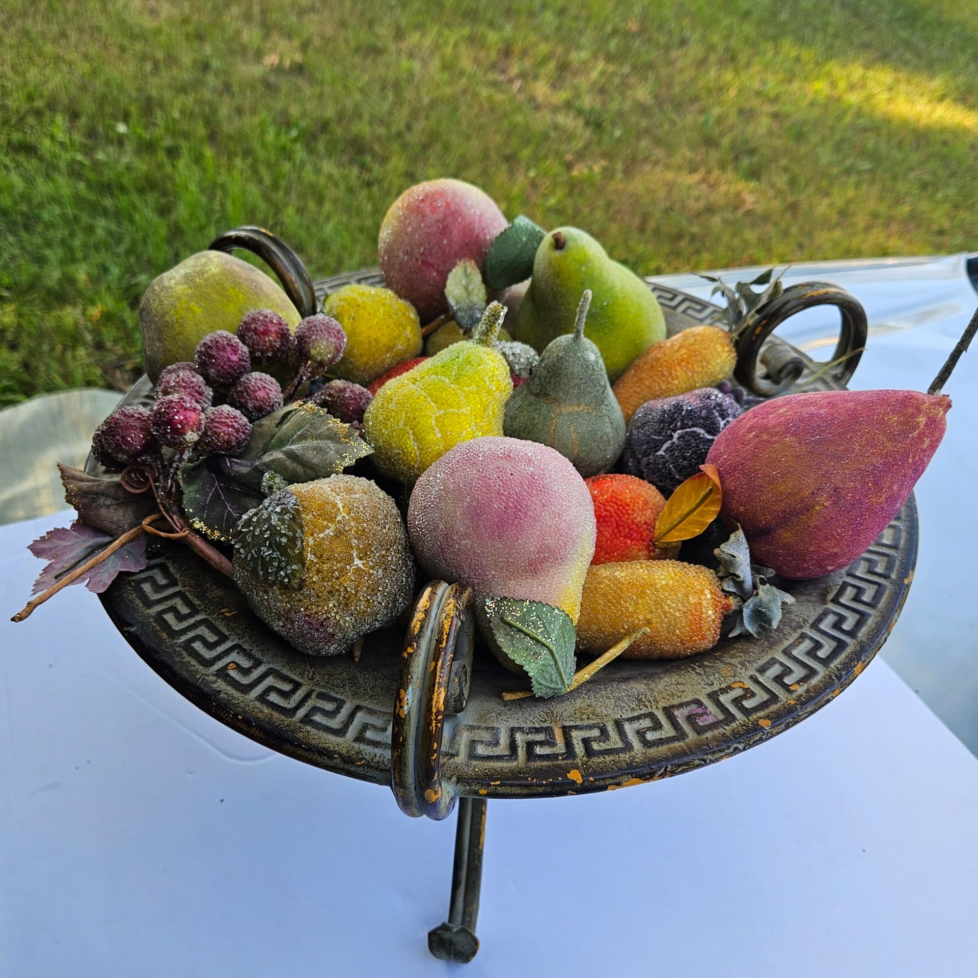 Vintage Sugared Fruit Decor in Ornate Pedestal Bowl 6