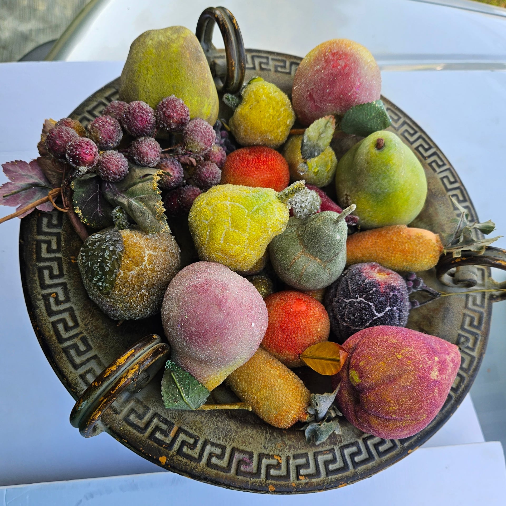 Vintage Sugared Fruit Decor in Ornate Pedestal Bowl 7
