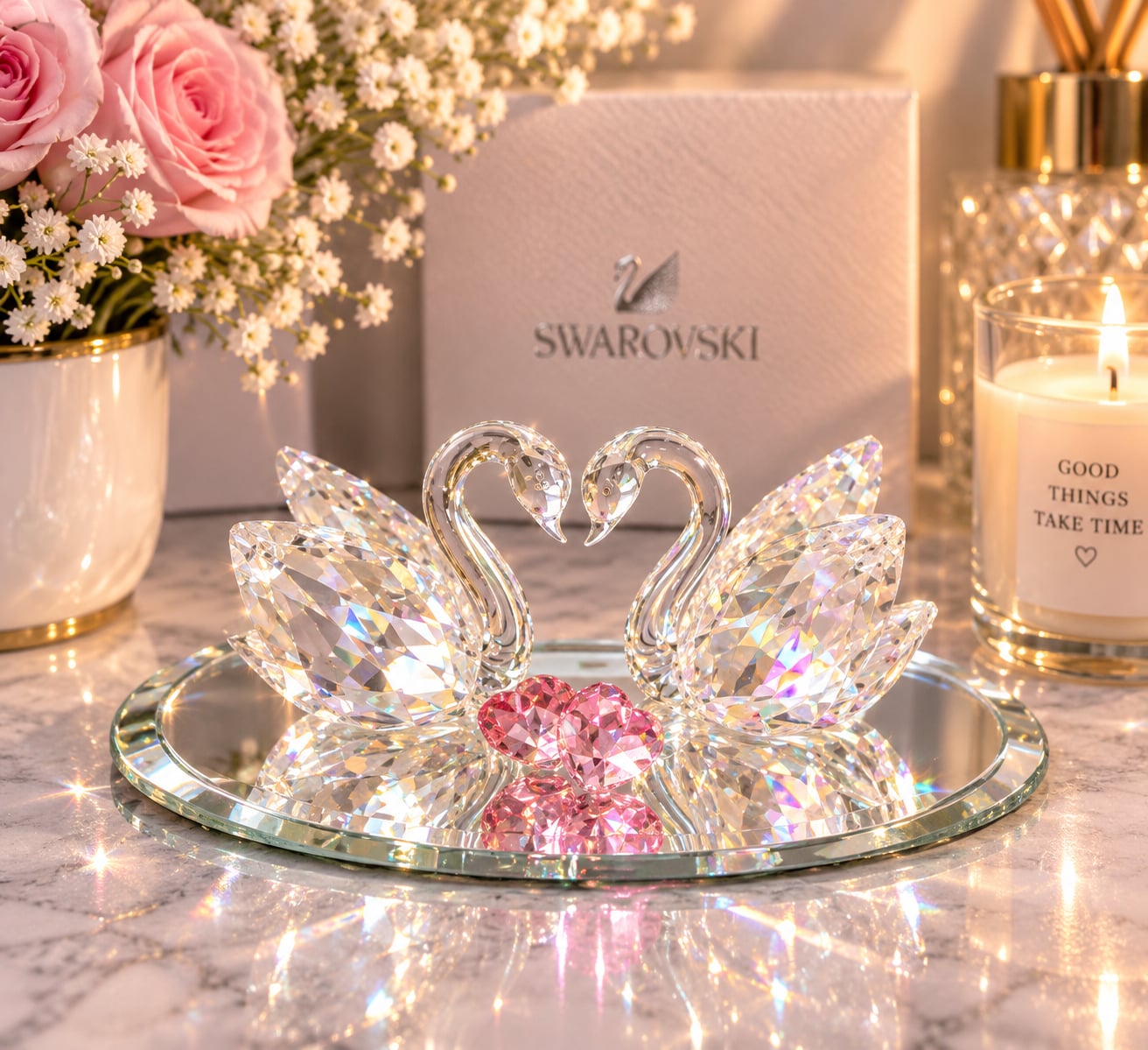 Swarovski Crystal Double Swan Figurine with Pink Hearts on Mirrored Base 1