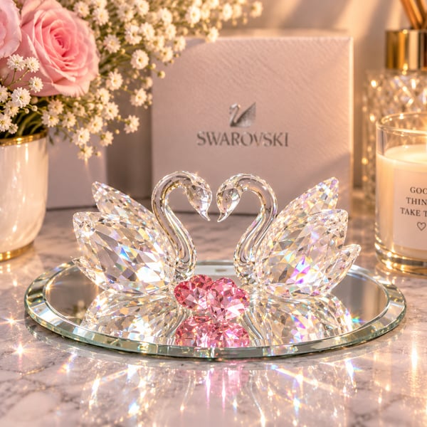Swarovski Crystal Double Swan Figurine with Pink Hearts on Mirrored Base
