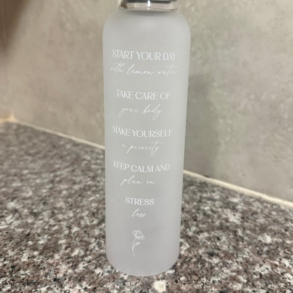 Frosted Glass Water Bottle Motivational Time Marker Gold Lid