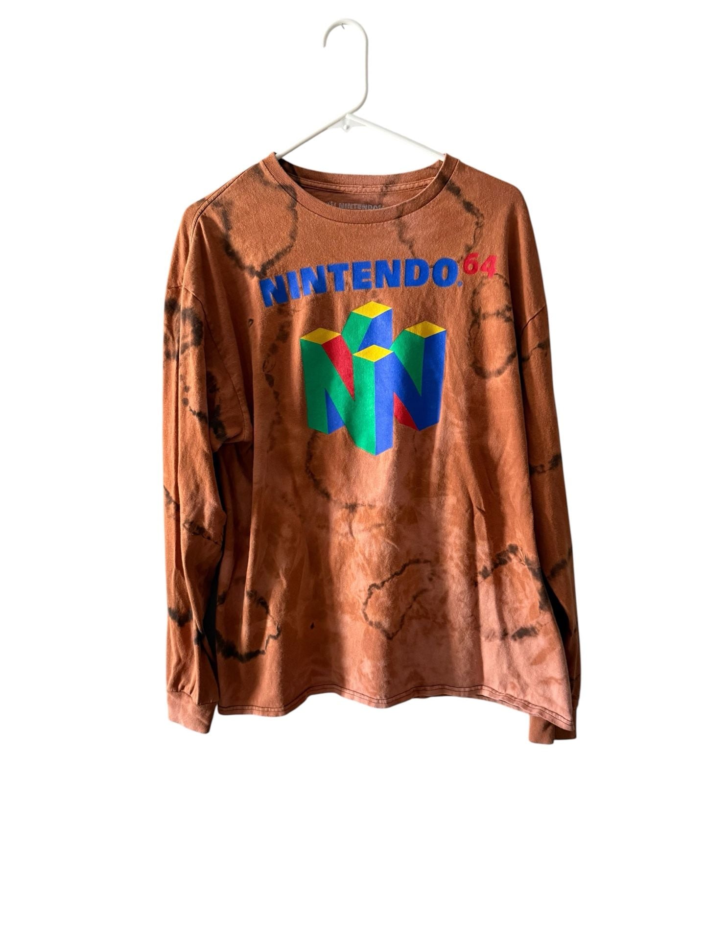 Nintendo 64 N64 Logo Long Sleeve T-Shirt Size XL Brown Bleach Dye 2