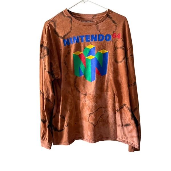 Nintendo 64 N64 Logo Long Sleeve T-Shirt Size XL Brown Bleach Dye