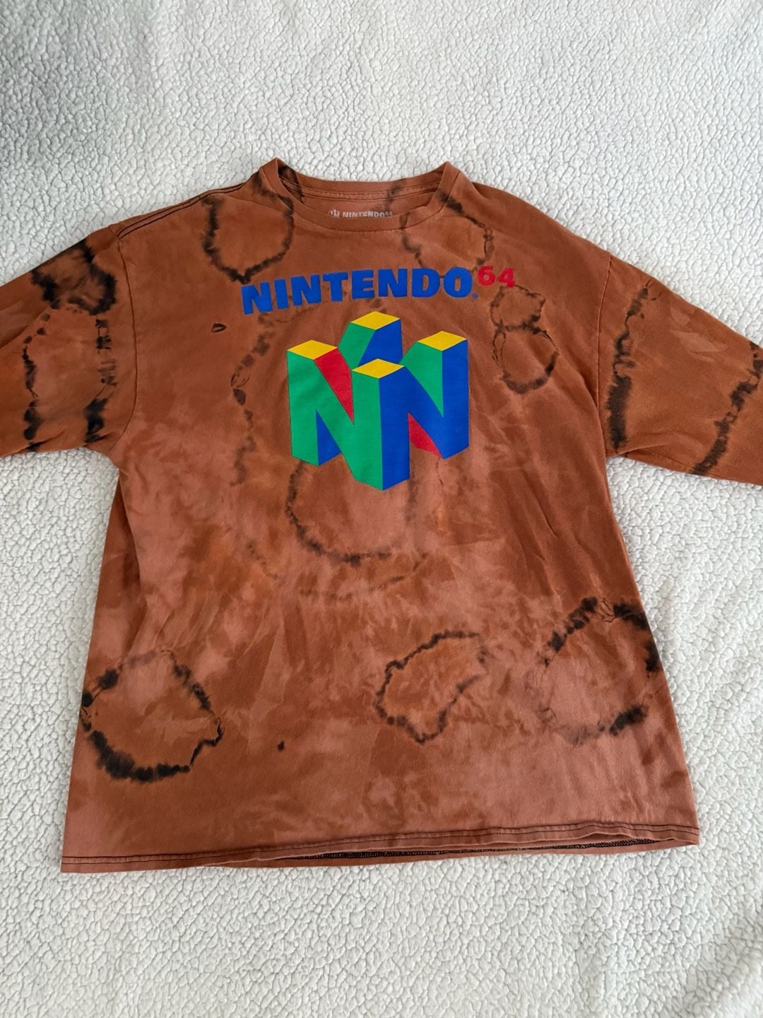 Nintendo 64 N64 Logo Long Sleeve T-Shirt Size XL Brown Bleach Dye 3