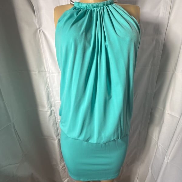 Jessica Simpson Halter Dress Size 6 Aqua Blue Metal Ring Neck Mini