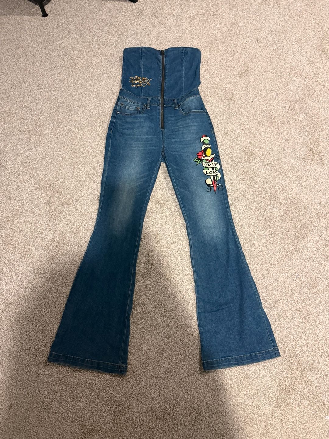 Ed Hardy Denim Jumpsuit Size M True Love Graphic Flare 2