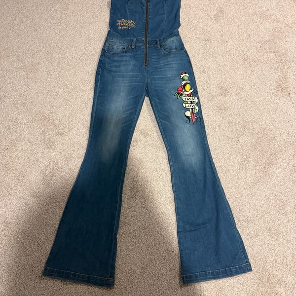 Ed Hardy Denim Jumpsuit Size M True Love Graphic Flare