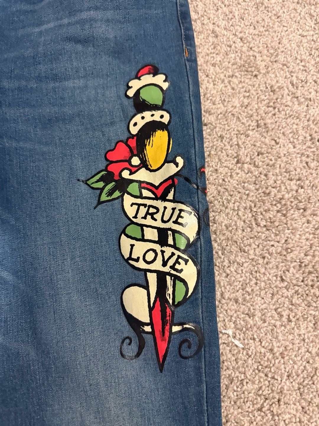 Ed Hardy Denim Jumpsuit Size M True Love Graphic Flare 3