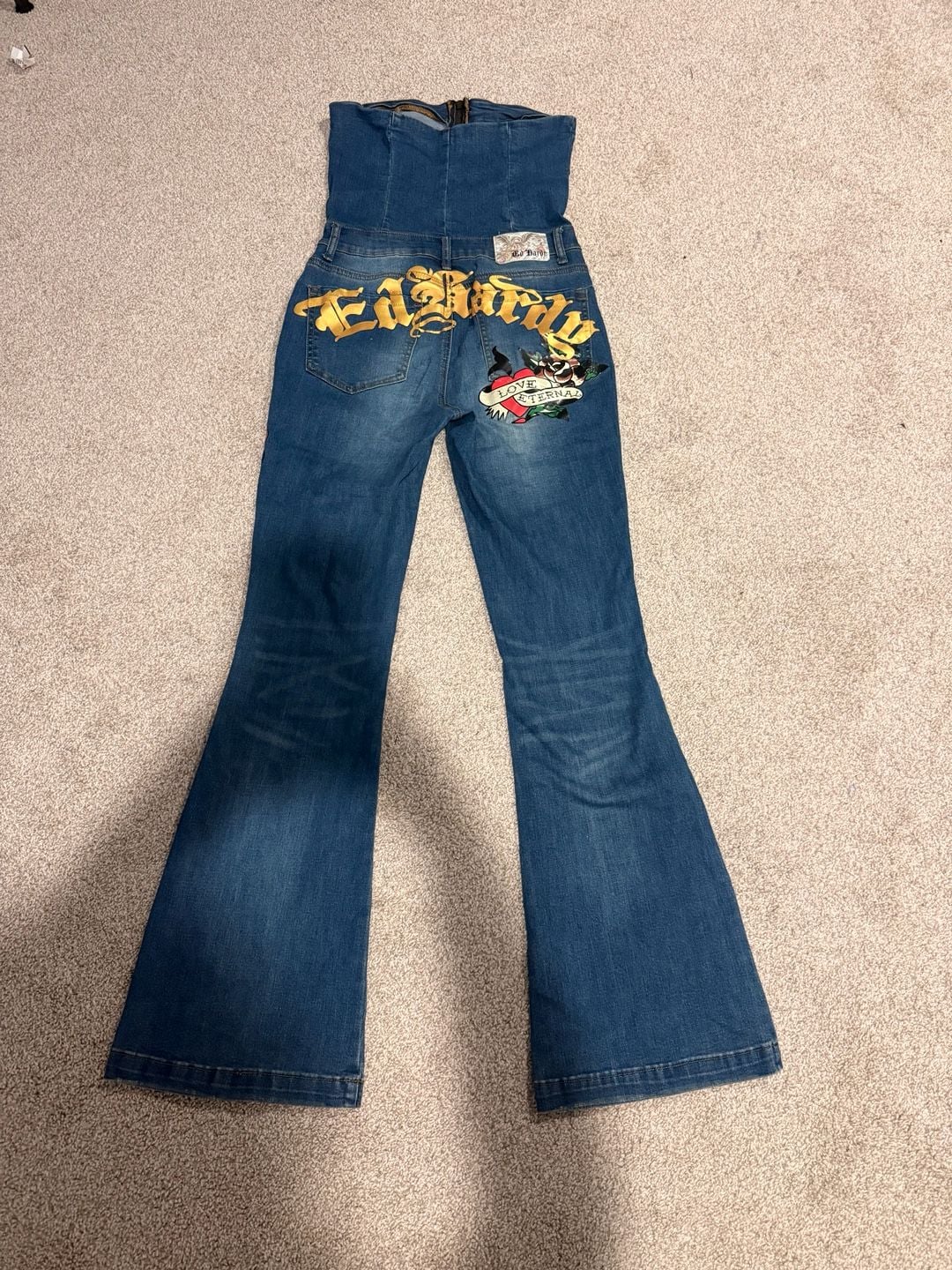 Ed Hardy Denim Jumpsuit Size M True Love Graphic Flare 6