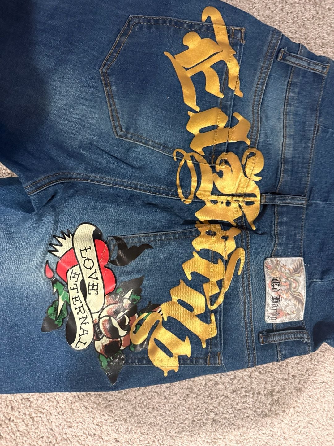 Ed Hardy Denim Jumpsuit Size M True Love Graphic Flare 7