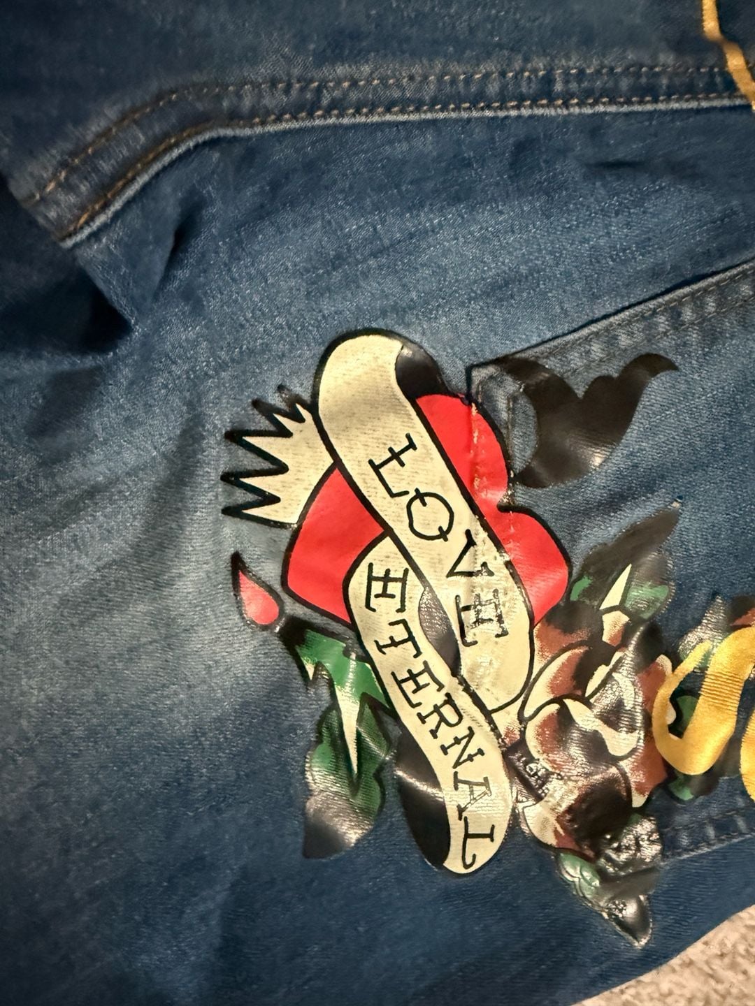 Ed Hardy Denim Jumpsuit Size M True Love Graphic Flare 9