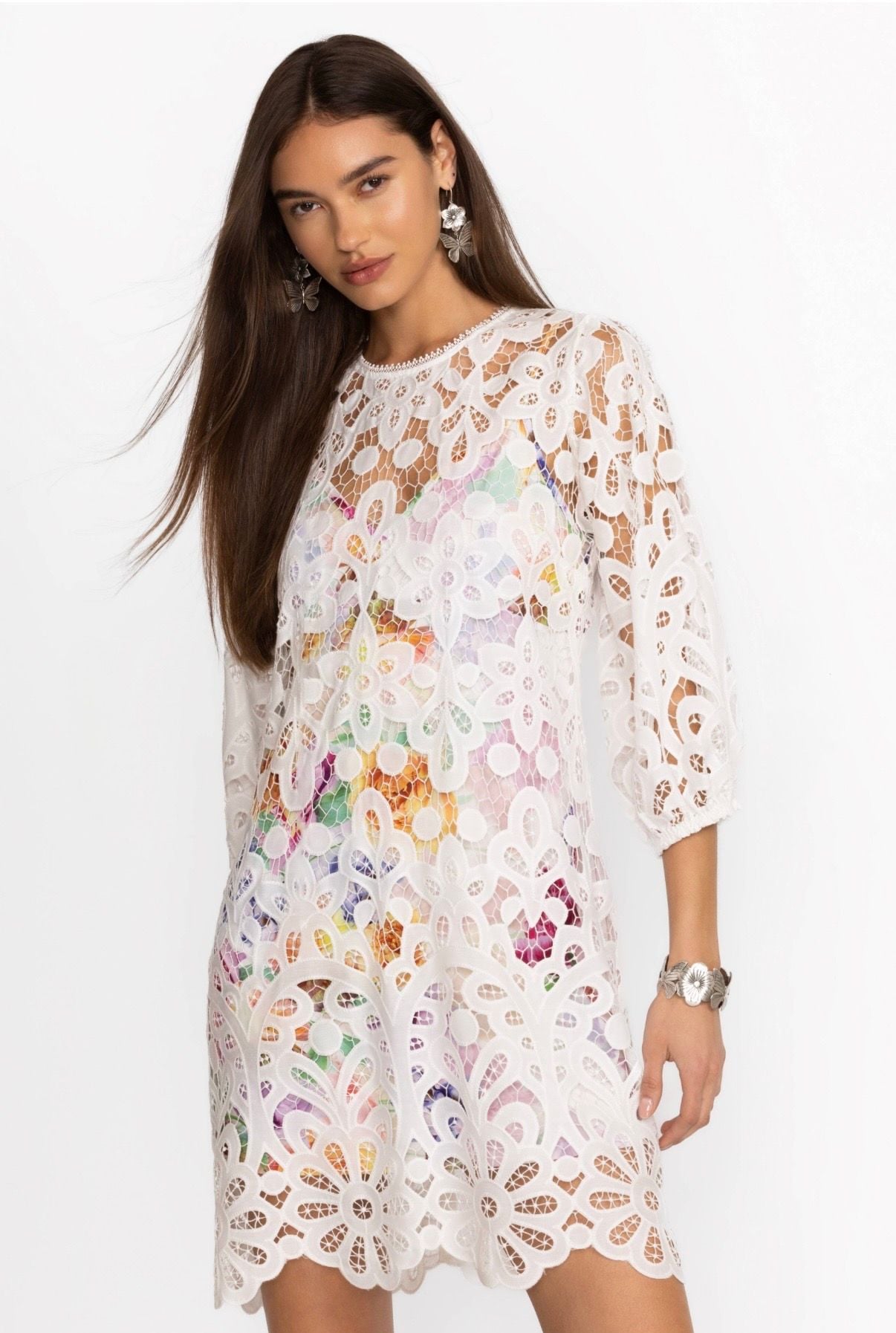Johnny Was Lisetta Lace Mini Dress Size S White Floral Lining NWT 2