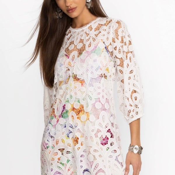 Johnny Was Lisetta Lace Mini Dress Size S White Floral Lining NWT 