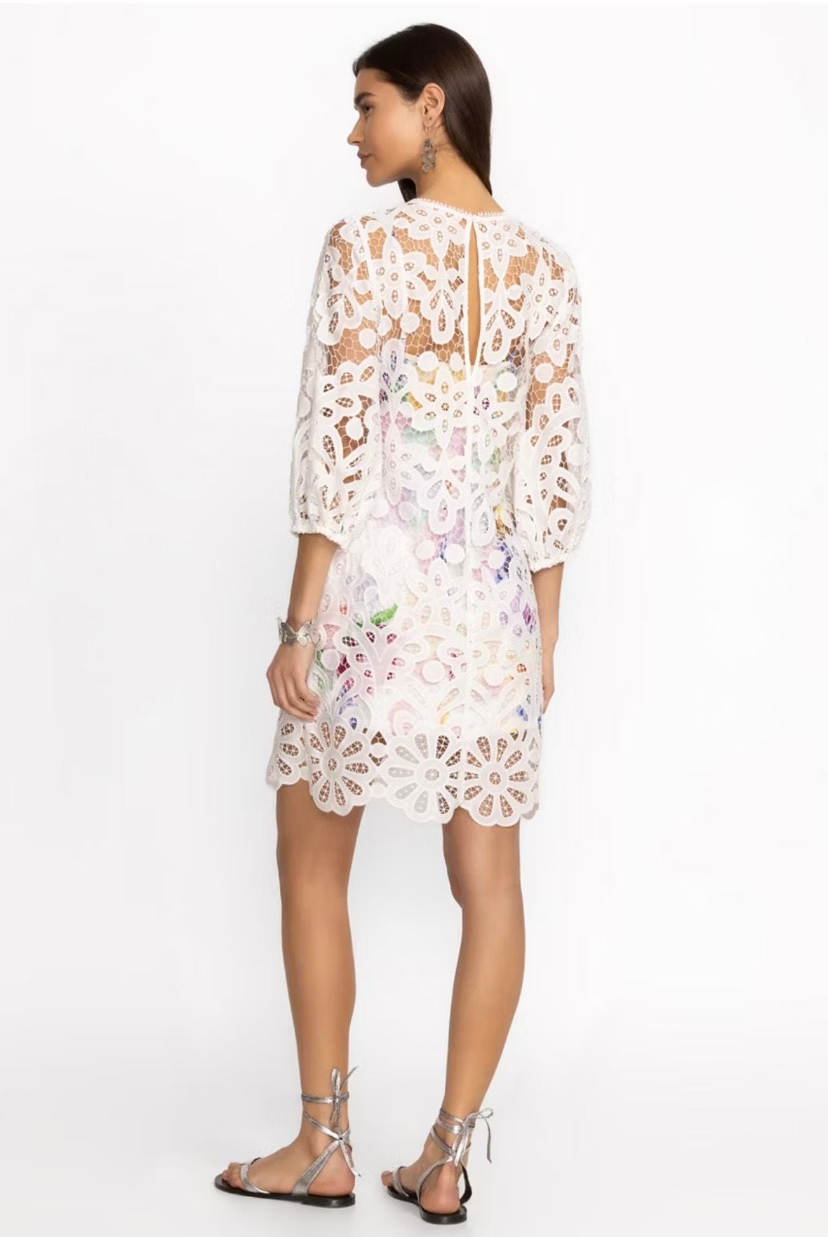 Johnny Was Lisetta Lace Mini Dress Size S White Floral Lining NWT 3