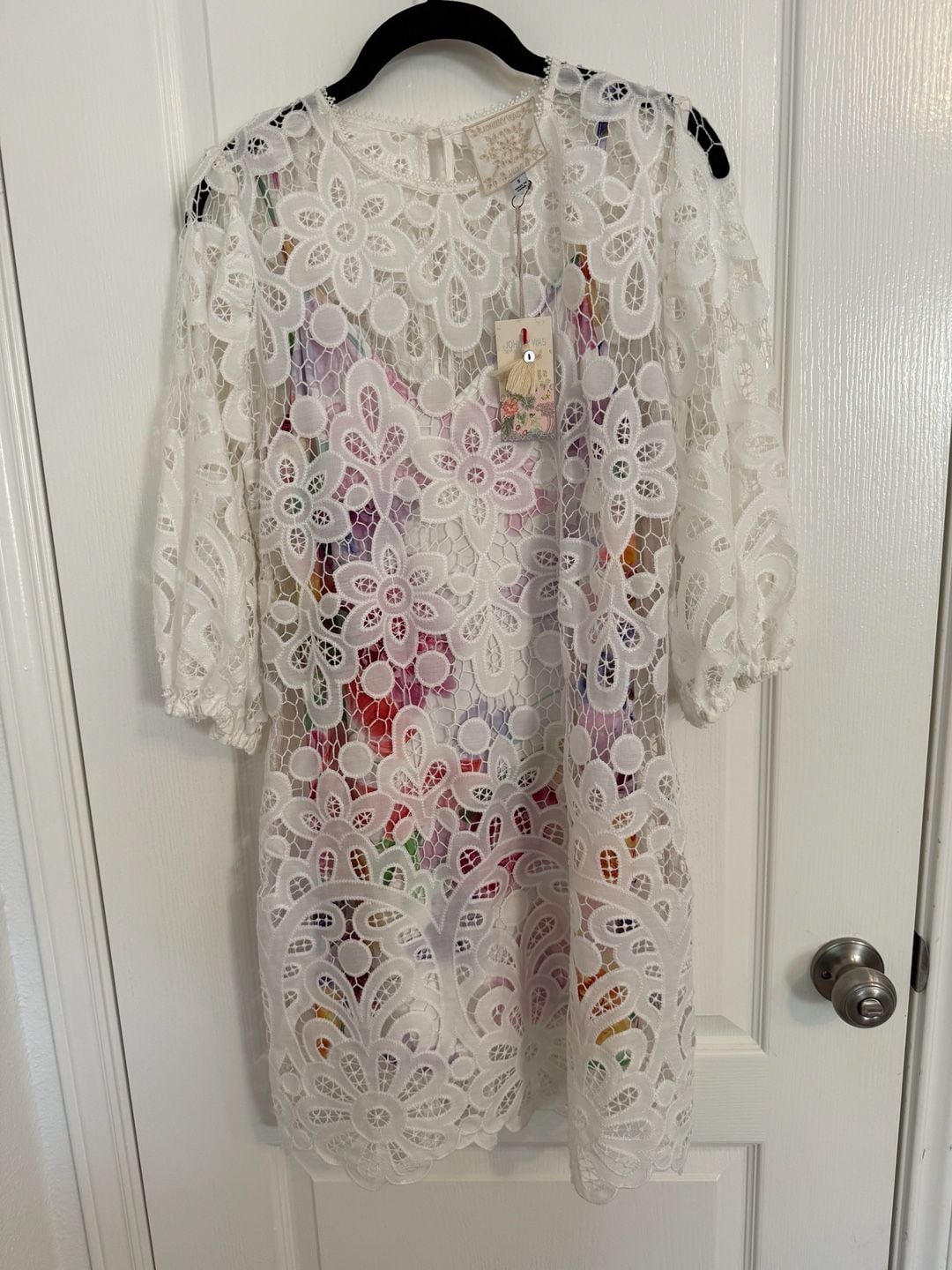 Johnny Was Lisetta Lace Mini Dress Size S White Floral Lining NWT 4