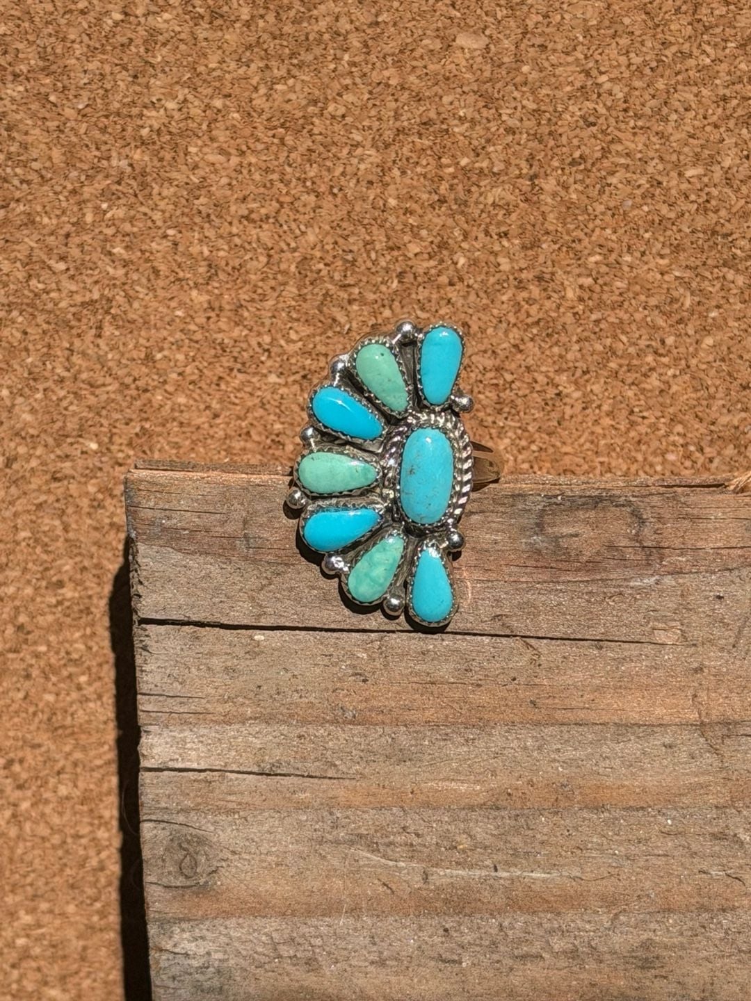 NATIVE Zuni handmade Sterling Silver Turquoise Cluster Adjustable Ring 2