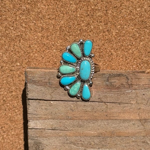 NATIVE Zuni handmade Sterling Silver Turquoise Cluster Adjustable Ring