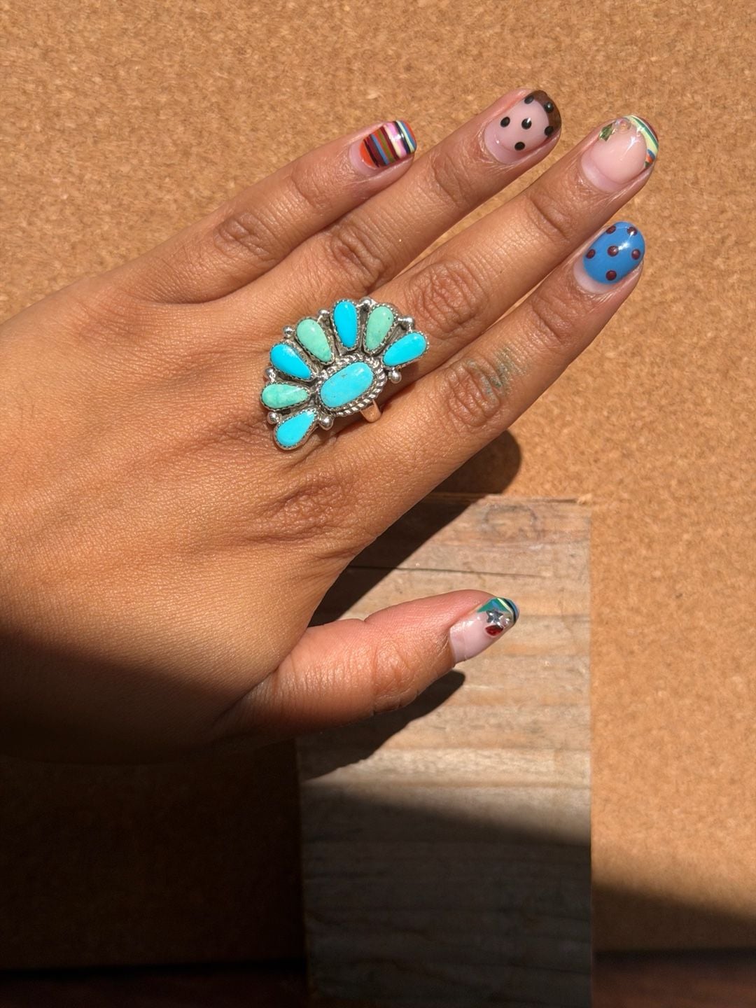 NATIVE Zuni handmade Sterling Silver Turquoise Cluster Adjustable Ring 3