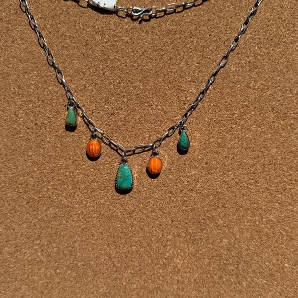 925 Sterling Silver Turquoise and Orange Spiny Charm Necklace