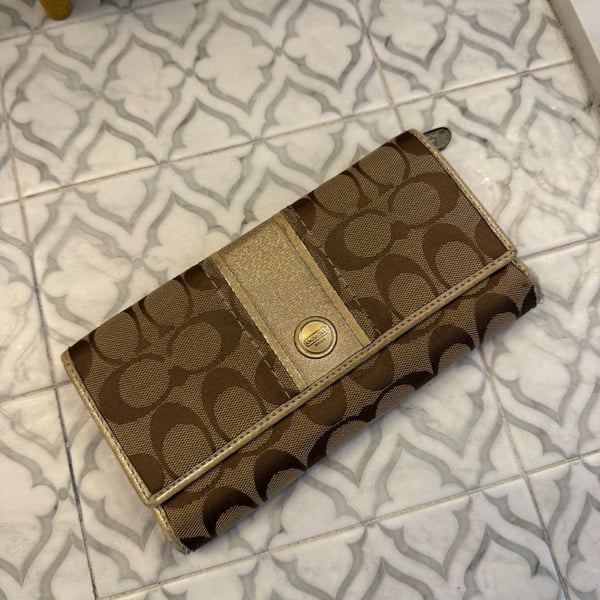 Coach Signature Stripe Flap Wallet Brown Gold Canvas Leather