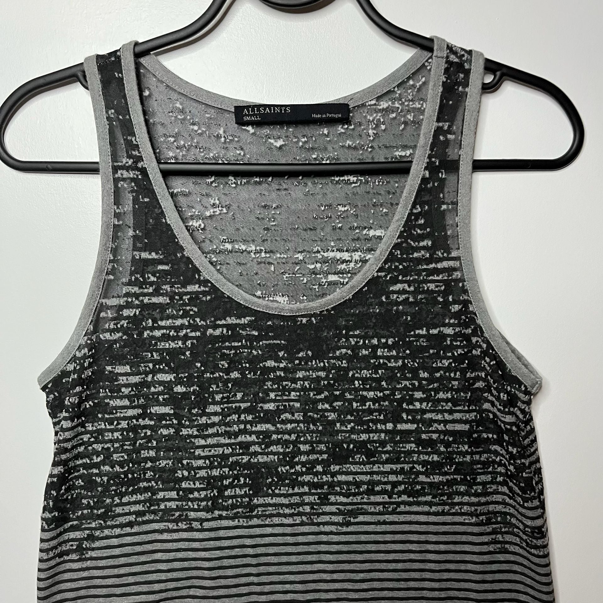 AllSaints Tank Top Size Small Black Gray Striped Sheer Abstract Size Small 10