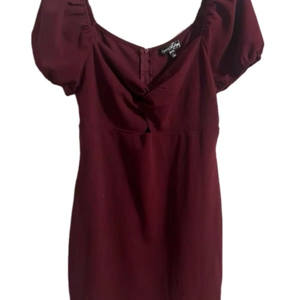 lg Burgundy BodyCon  mini dress, Crystal Doll, Puff Sleeve ,Ruched , sexy cutout