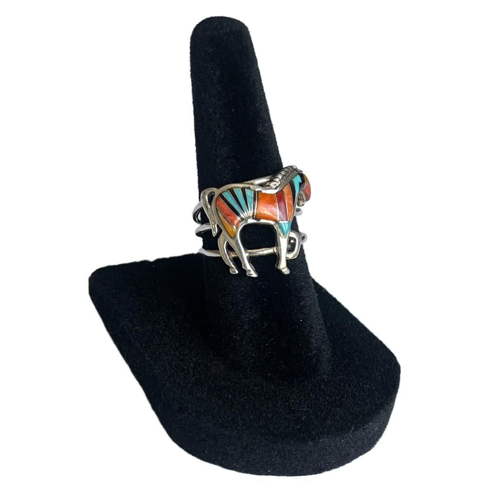 Vintage Sterling Silver Southwestern Inlay Horse Ring – Size 5.5 8
