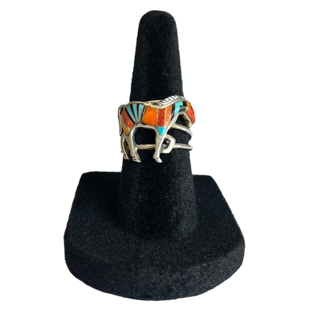 Vintage Sterling Silver Southwestern Inlay Horse Ring – Size 5.5 9