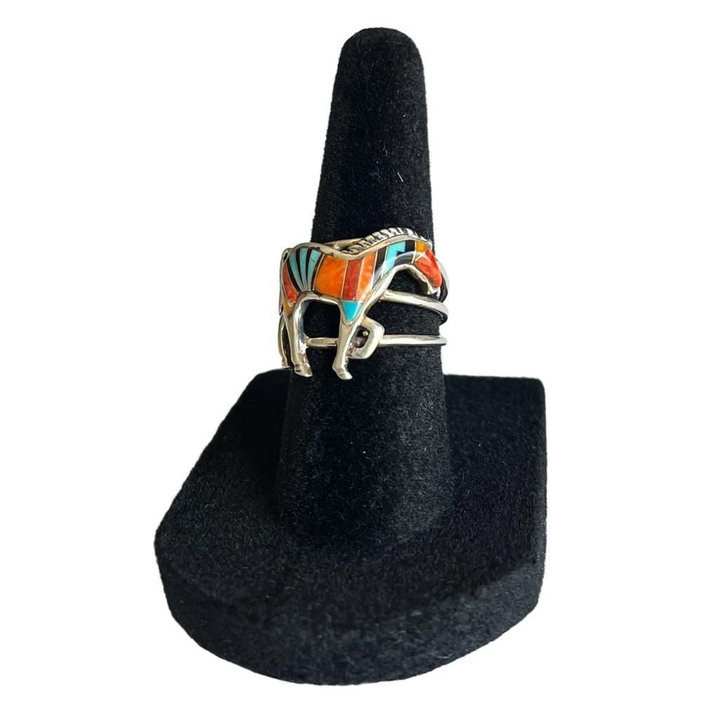 Vintage Sterling Silver Southwestern Inlay Horse Ring – Size 5.5 7