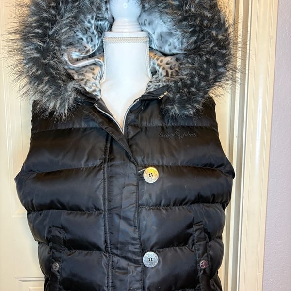 Vintage Baby Phat Puffer Vest Black Faux Fur Hood Giant Cat Logo on Back Leopard Lining Size XL