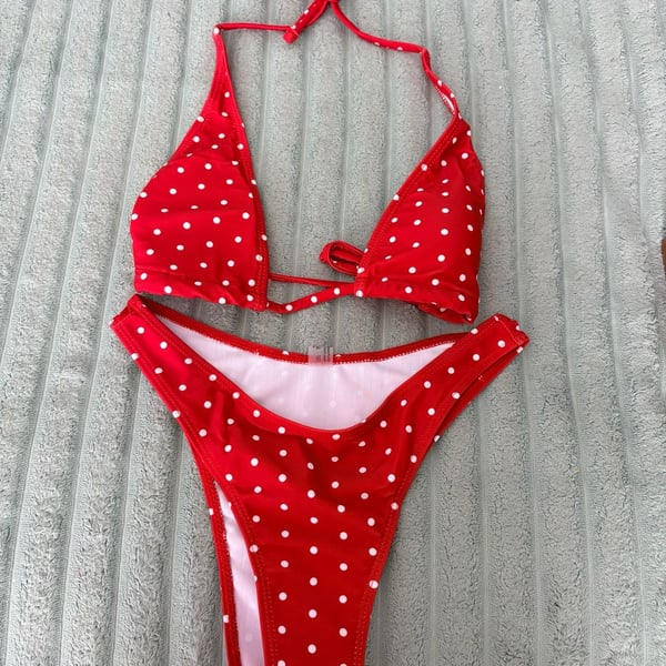 Red White Polka Dot Bikini Size S Halter Triangle (54)