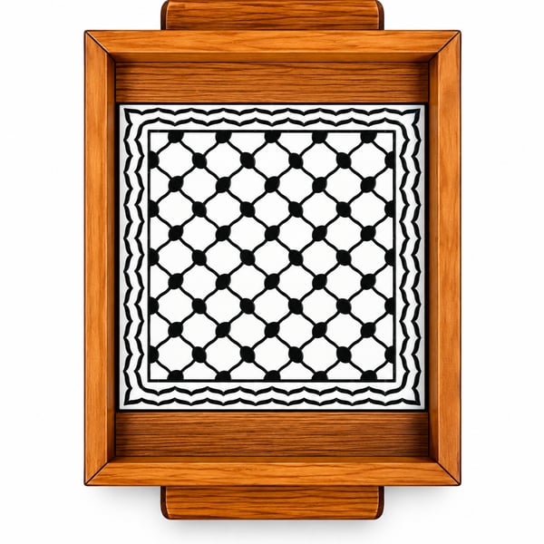 Wooden Tray With Oriental Ceramic Tile Kuffyeh, Decorative Tray, Serving Platter, Handmade in Palestine